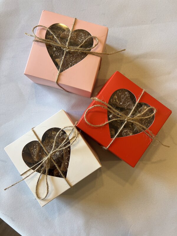 Pink, red, and white Valentine's toffee boxes